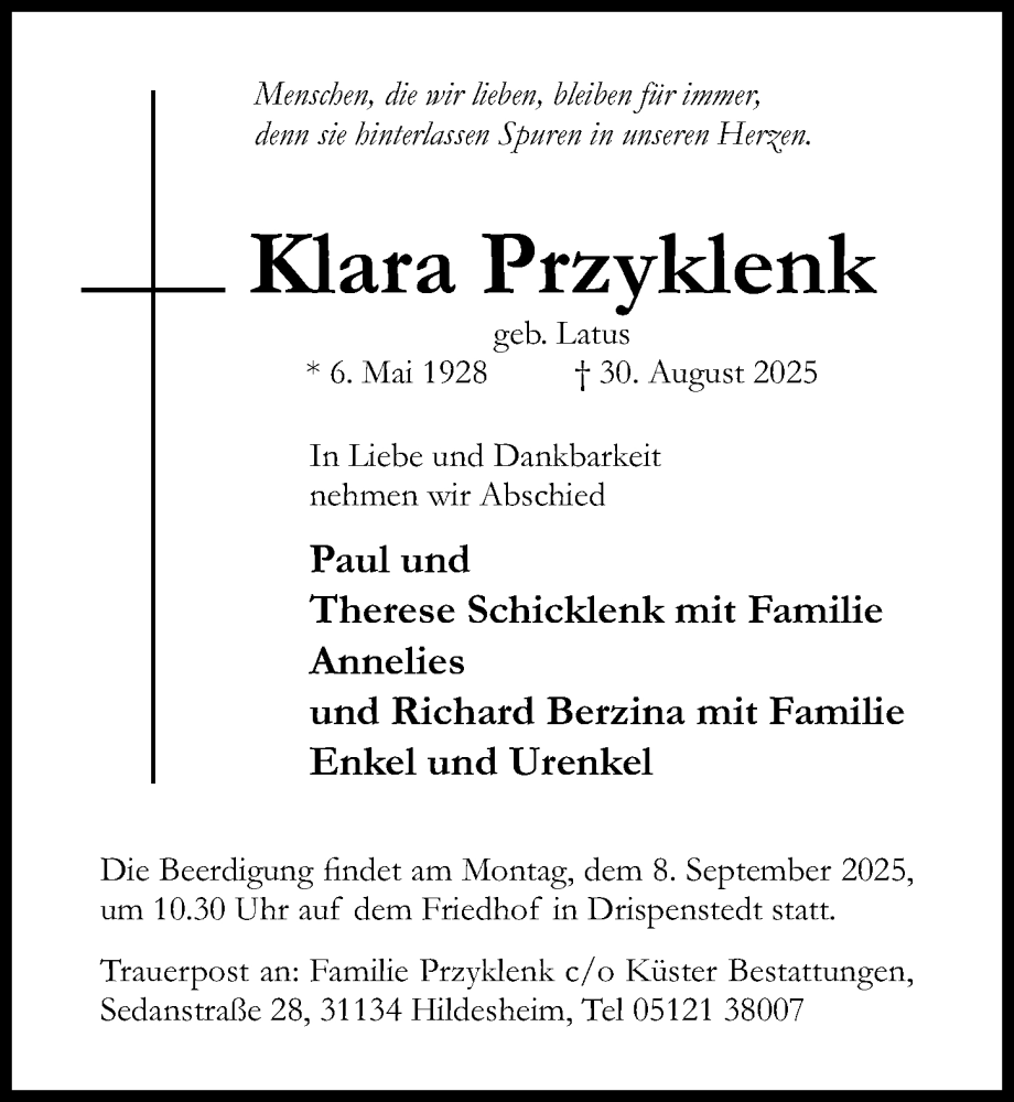  Traueranzeige für Klara Przyklenk vom 03.09.2025 aus Hildesheimer Allgemeine Zeitung