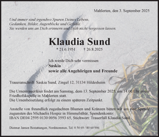 Traueranzeige von Klaudia Sund von Hildesheimer Allgemeine Zeitung