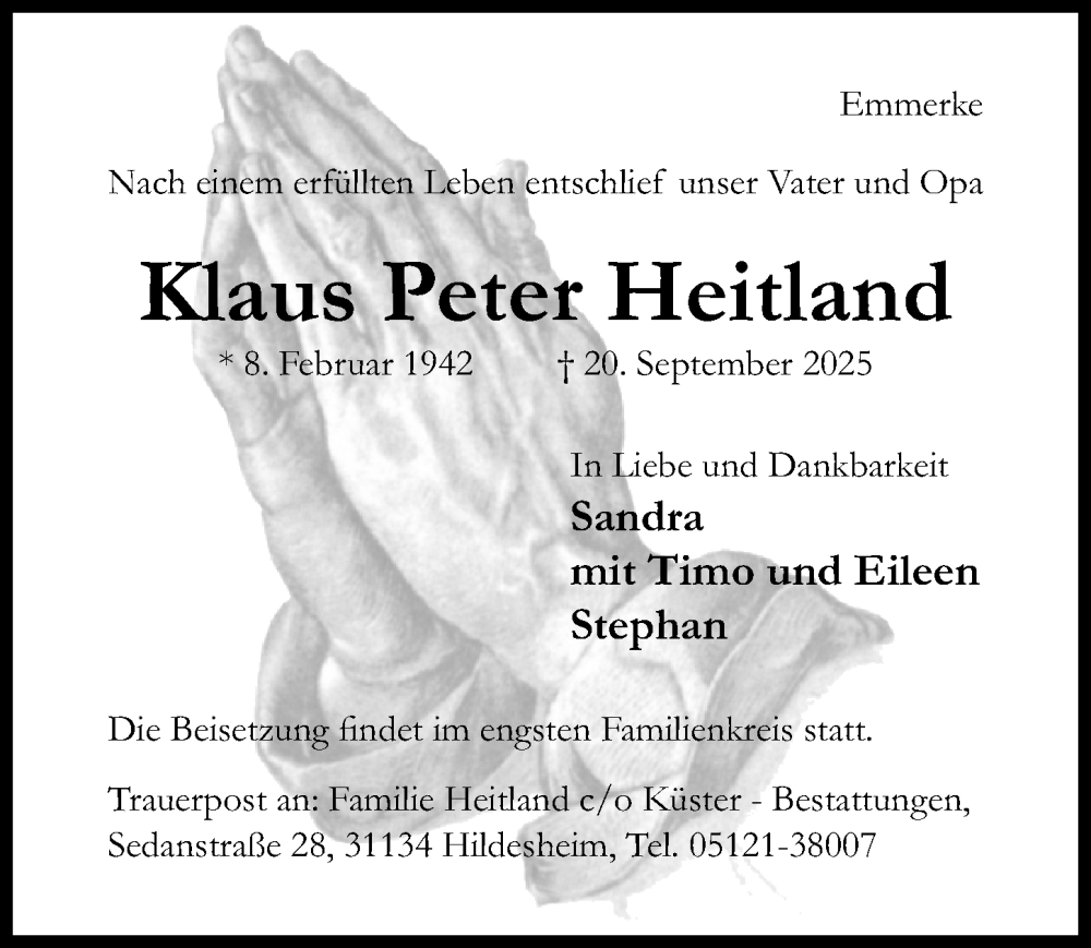  Traueranzeige für Klaus Peter Heitland vom 24.09.2025 aus Hildesheimer Allgemeine Zeitung