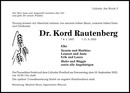 Traueranzeige von Kord Rautenberg von Hildesheimer Allgemeine Zeitung