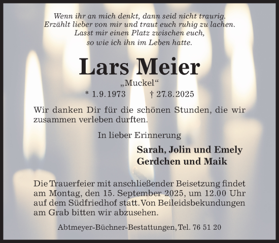 Traueranzeige von Lars Meier von Hildesheimer Allgemeine Zeitung
