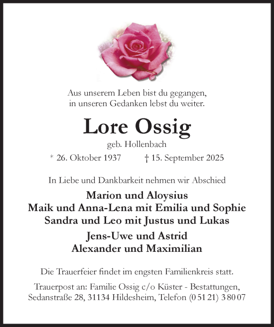 Traueranzeige von Lore Ossig von Hildesheimer Allgemeine Zeitung
