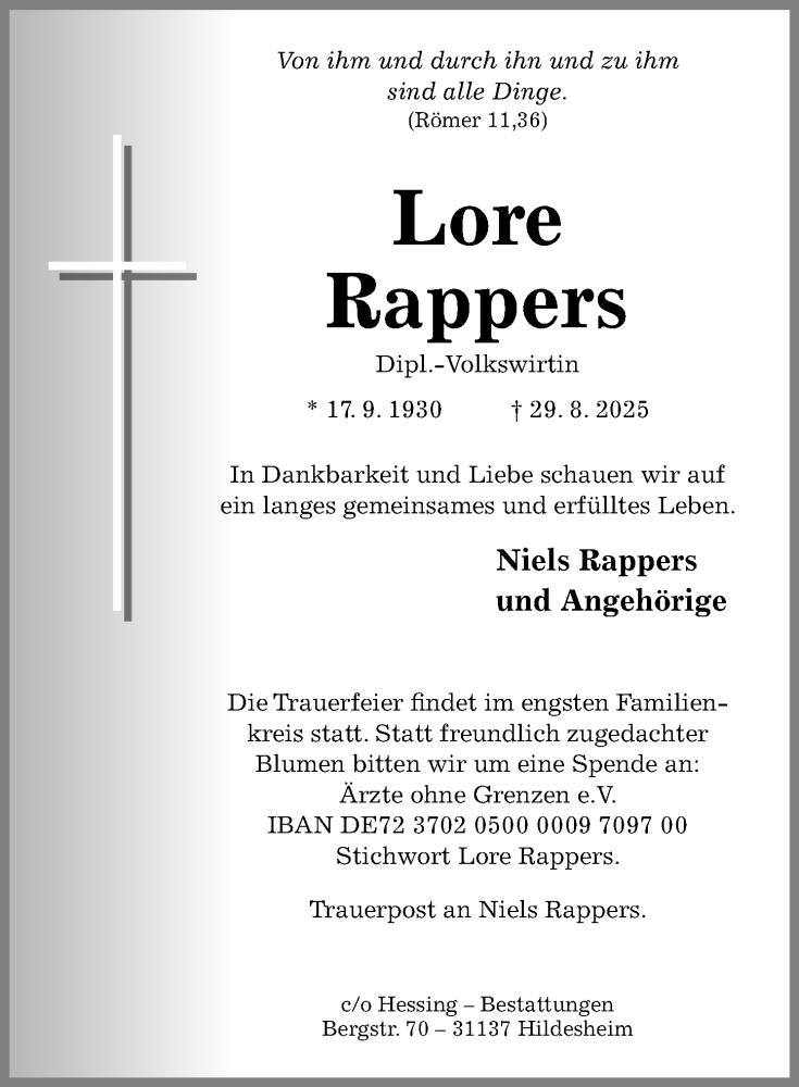  Traueranzeige für Lore Rappers vom 06.09.2025 aus Hildesheimer Allgemeine Zeitung