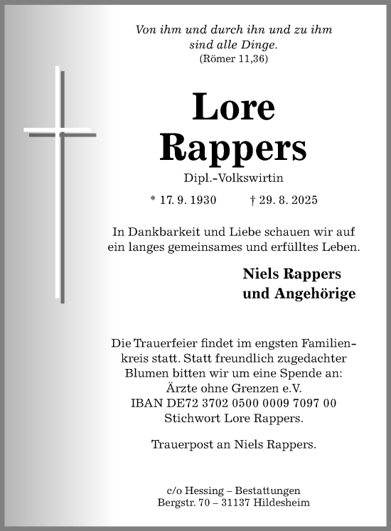 Traueranzeige von Lore Rappers von Hildesheimer Allgemeine Zeitung