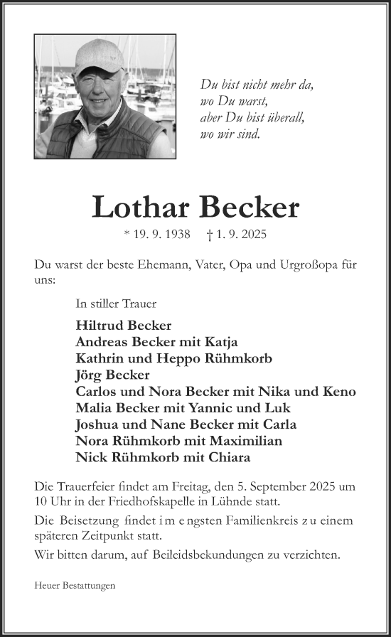 Traueranzeige von Lothar Becker von Hildesheimer Allgemeine Zeitung