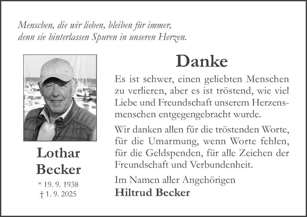  Traueranzeige für Lothar Becker vom 17.09.2025 aus Hildesheimer Allgemeine Zeitung