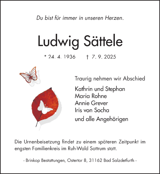 Traueranzeige von Ludwig Sättele von Hildesheimer Allgemeine Zeitung