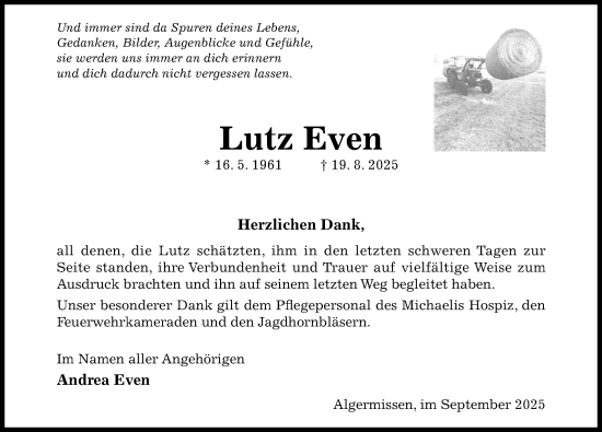 Traueranzeige von Lutz Even von Hildesheimer Allgemeine Zeitung
