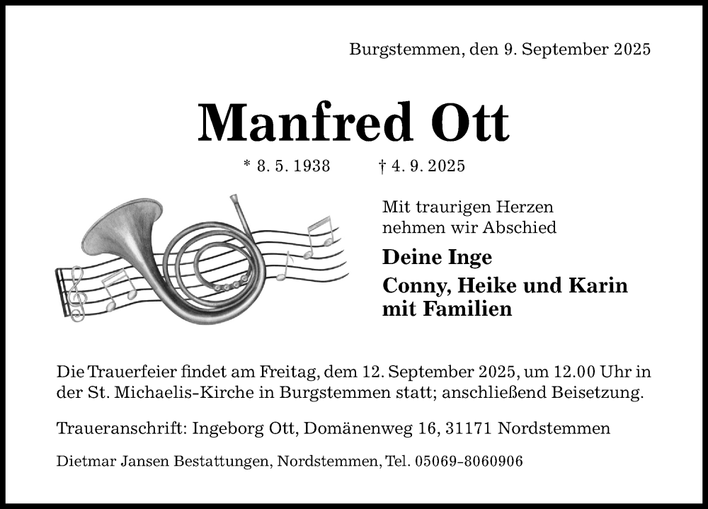  Traueranzeige für Manfred Ott vom 09.09.2025 aus Hildesheimer Allgemeine Zeitung