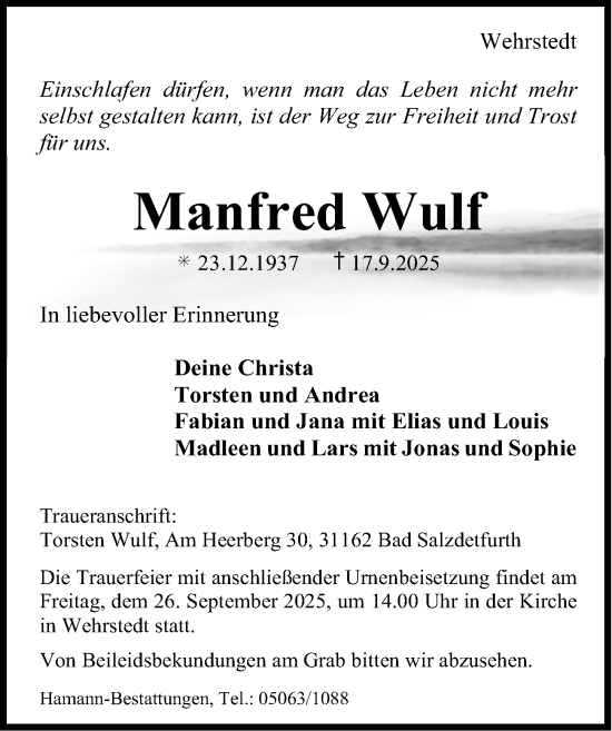 Traueranzeige von Manfred Wulf von Hildesheimer Allgemeine Zeitung
