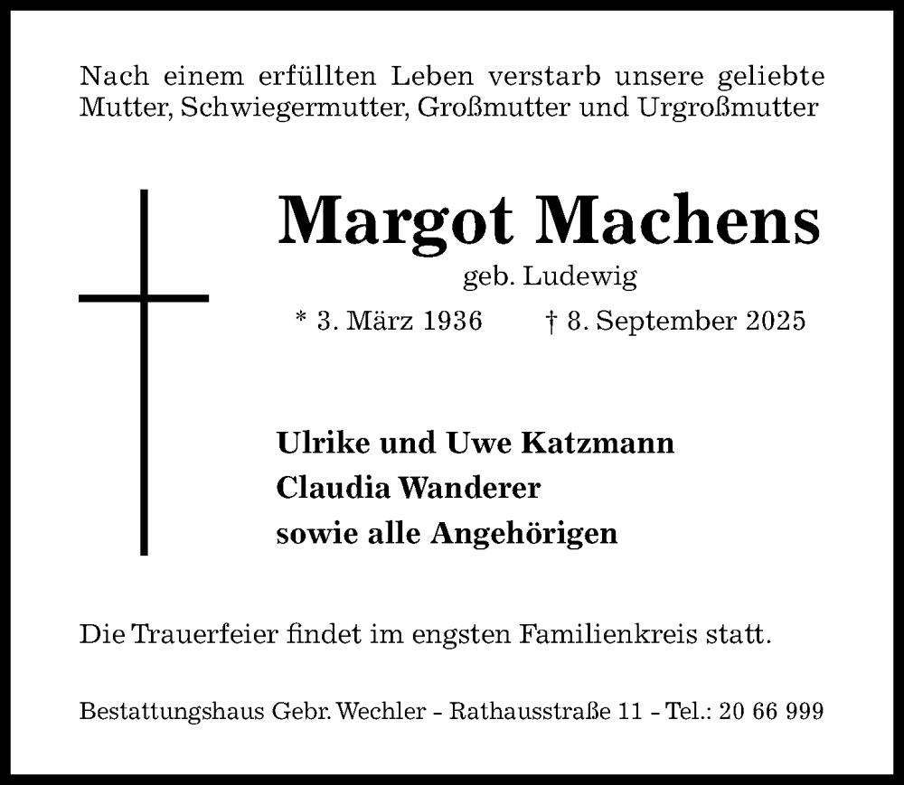  Traueranzeige für Margot Machens vom 17.09.2025 aus Hildesheimer Allgemeine Zeitung