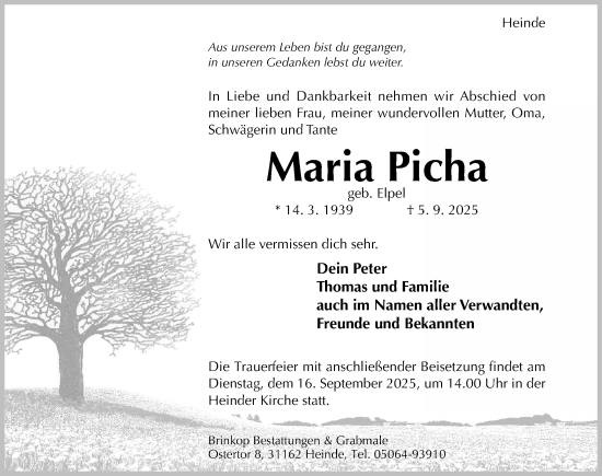 Traueranzeige von Maria Picha von Hildesheimer Allgemeine Zeitung
