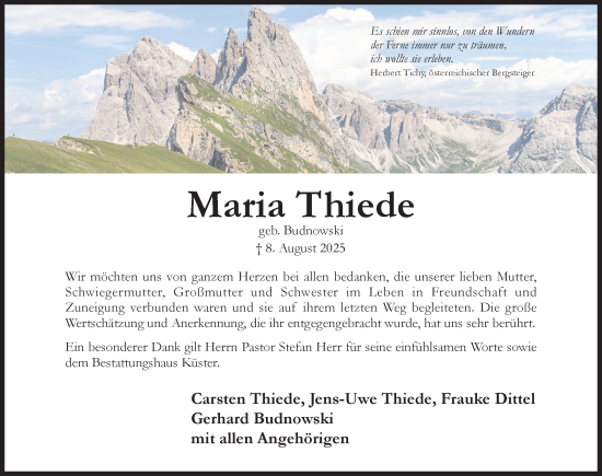 Traueranzeige von Maria Thiede von Hildesheimer Allgemeine Zeitung