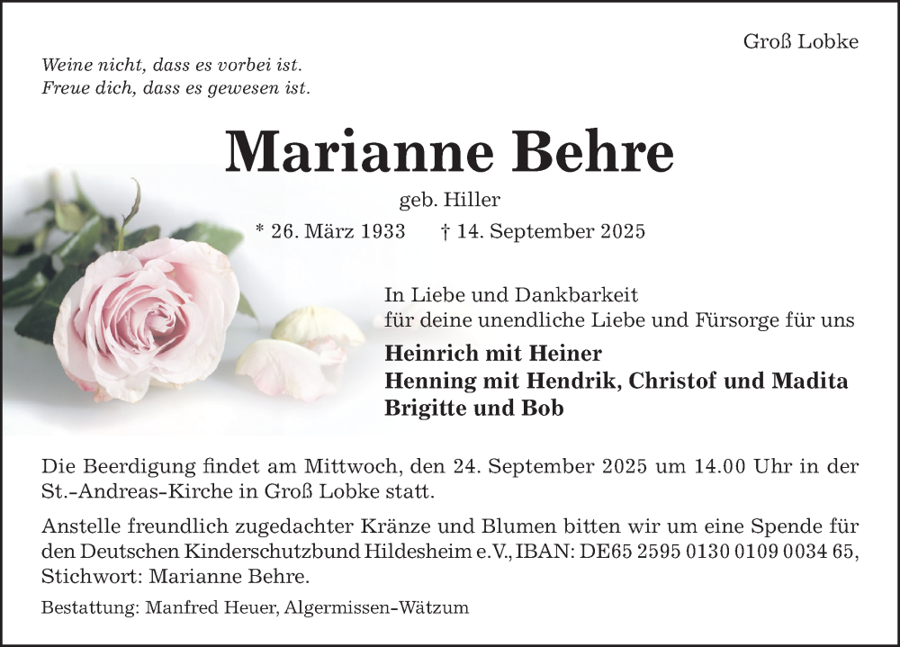  Traueranzeige für Marianne Behre vom 20.09.2025 aus Hildesheimer Allgemeine Zeitung