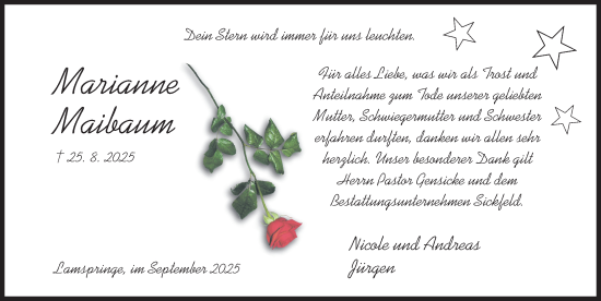 Traueranzeige von Marianne Maibaum von Hildesheimer Allgemeine Zeitung