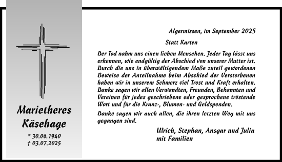Traueranzeige von Marietheres Käsehage von Hildesheimer Allgemeine Zeitung
