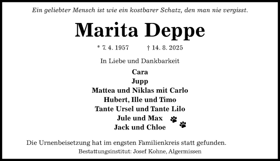 Traueranzeige von Marita Deppe von Hildesheimer Allgemeine Zeitung