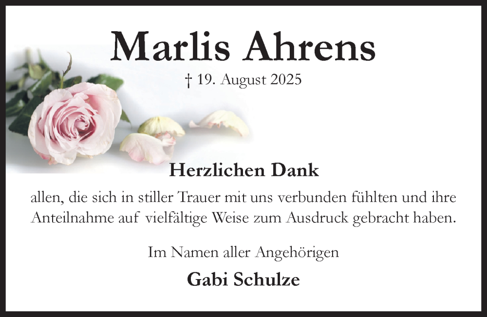  Traueranzeige für Marlis Ahrens vom 24.09.2025 aus Hildesheimer Allgemeine Zeitung