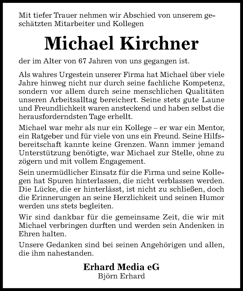  Traueranzeige für Michael Kirchner vom 20.09.2025 aus Hildesheimer Allgemeine Zeitung