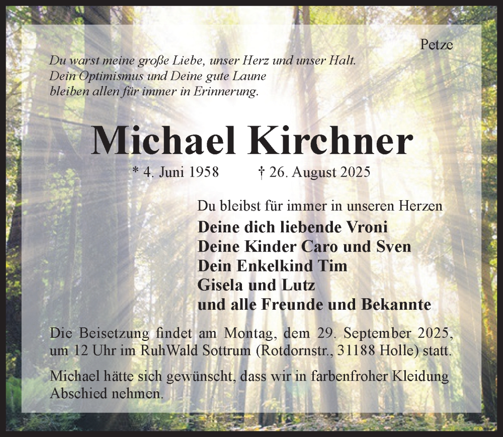  Traueranzeige für Michael Kirchner vom 20.09.2025 aus Hildesheimer Allgemeine Zeitung