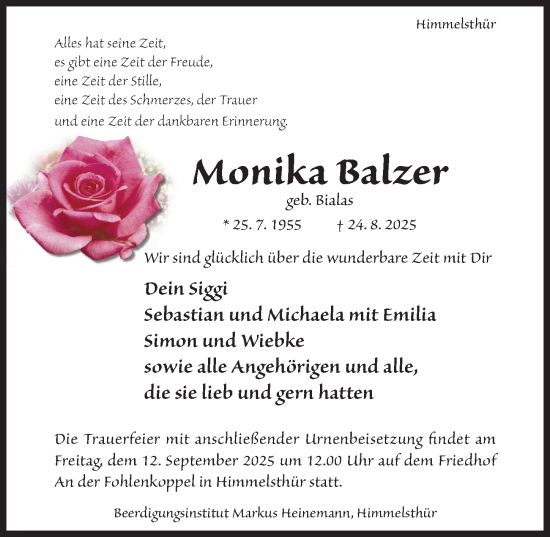 Traueranzeige von Monika Balzer von Hildesheimer Allgemeine Zeitung