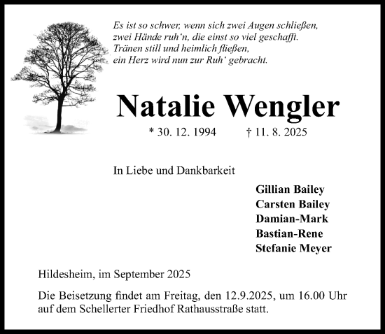 Traueranzeige von Natalie Wengler von Hildesheimer Allgemeine Zeitung