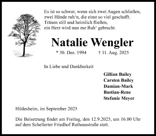 Traueranzeige von Natalie Wengler von Hildesheimer Allgemeine Zeitung