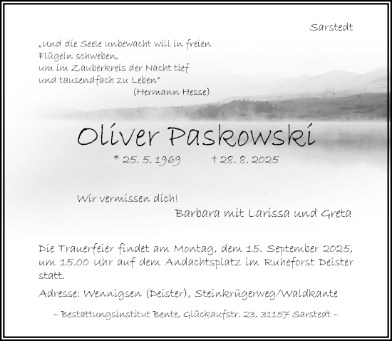 Traueranzeige von Oliver Paskowski von Hildesheimer Allgemeine Zeitung