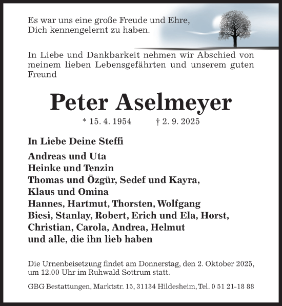 Traueranzeige von Peter Aselmeyer von Hildesheimer Allgemeine Zeitung
