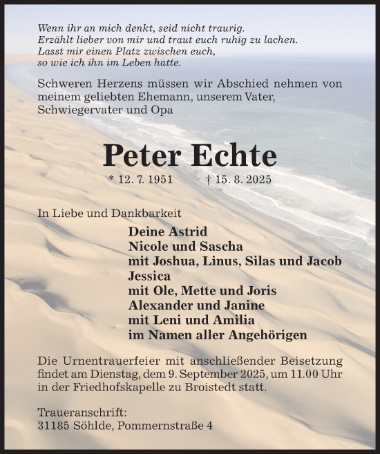 Traueranzeige von Peter Echte von Hildesheimer Allgemeine Zeitung