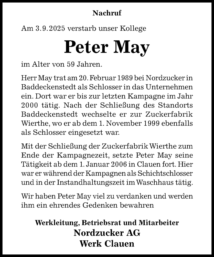  Traueranzeige für Peter May vom 27.09.2025 aus Hildesheimer Allgemeine Zeitung
