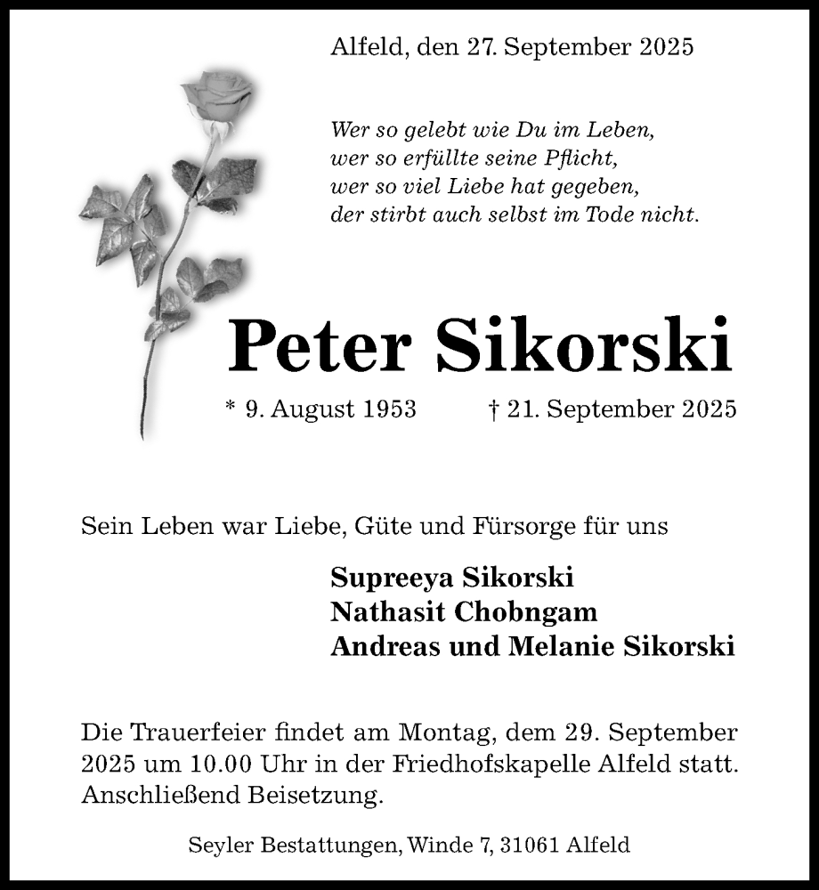  Traueranzeige für Peter Sikorski vom 27.09.2025 aus Hildesheimer Allgemeine Zeitung