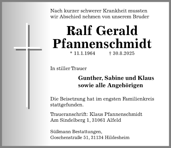 Traueranzeige von Ralf Gerald Pfannenschmidt von Hildesheimer Allgemeine Zeitung
