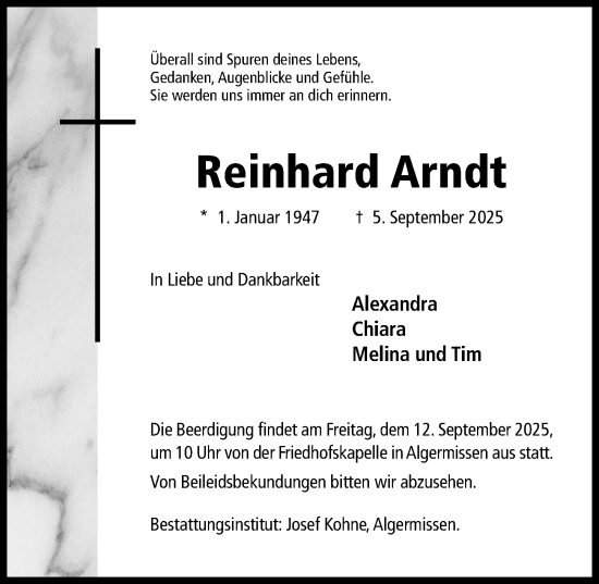 Traueranzeige von Reinhard Arndt von Hildesheimer Allgemeine Zeitung