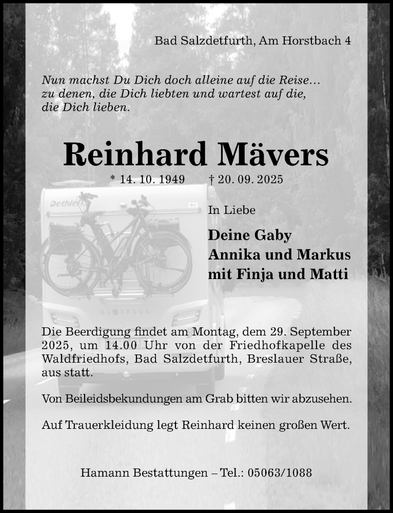  Traueranzeige für Reinhard Mävers vom 24.09.2025 aus Hildesheimer Allgemeine Zeitung