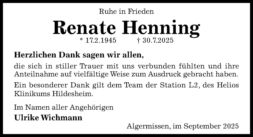  Traueranzeige für Renate Henning vom 06.09.2025 aus Hildesheimer Allgemeine Zeitung