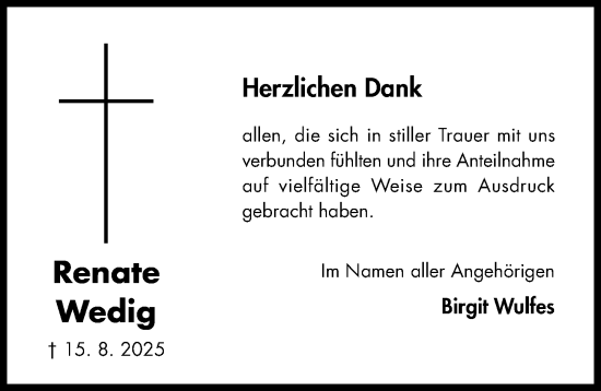 Traueranzeige von Renate Wedig von Hildesheimer Allgemeine Zeitung