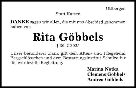 Traueranzeige von Rita Göbbels von Hildesheimer Allgemeine Zeitung