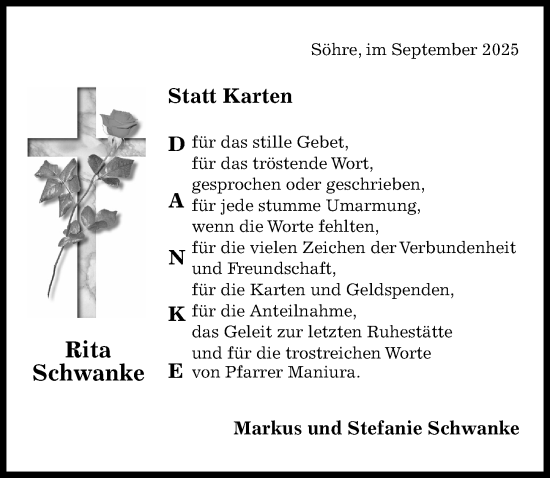 Traueranzeige von Rita Schwanke von Hildesheimer Allgemeine Zeitung