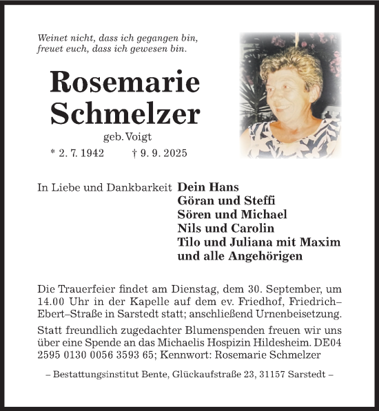Traueranzeige von Rosemarie Schmelzer von Hildesheimer Allgemeine Zeitung