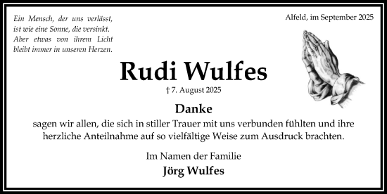 Traueranzeige von Rudi Wulfes von Hildesheimer Allgemeine Zeitung