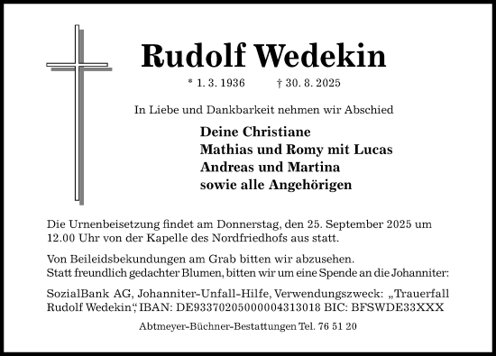 Traueranzeige von Rudolf Wedekin von Hildesheimer Allgemeine Zeitung