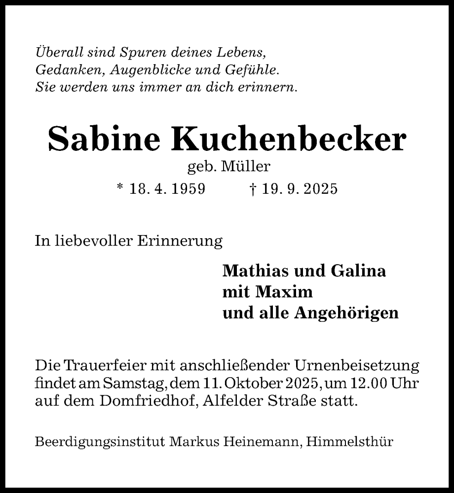  Traueranzeige für Sabine Kuchenbecker vom 27.09.2025 aus Hildesheimer Allgemeine Zeitung