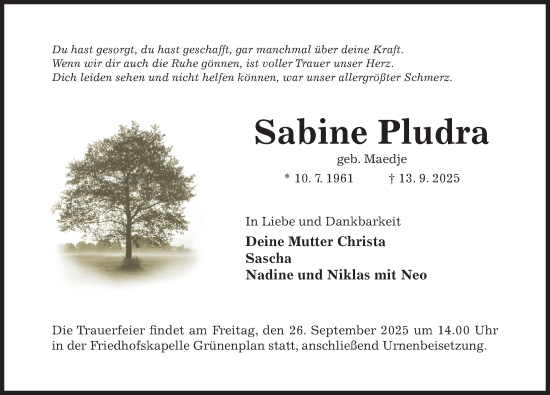Traueranzeige von Sabine Pludra von Hildesheimer Allgemeine Zeitung