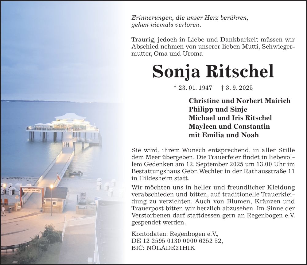  Traueranzeige für Sonja Ritschel vom 10.09.2025 aus Hildesheimer Allgemeine Zeitung