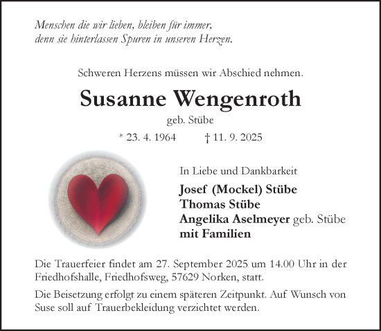 Traueranzeige von Susanne Wengenroth von Hildesheimer Allgemeine Zeitung
