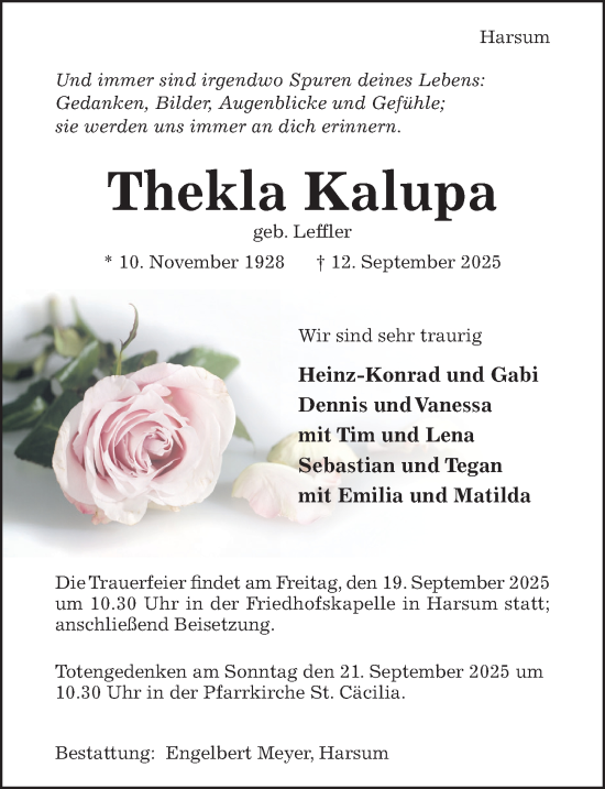 Traueranzeige von Thekla Kalupa von Hildesheimer Allgemeine Zeitung