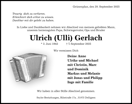 Traueranzeige von Ulrich Gerlach von Hildesheimer Allgemeine Zeitung