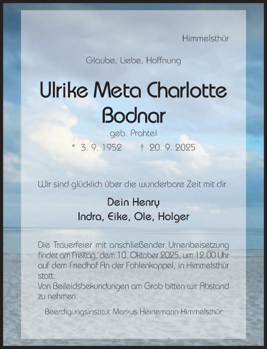 Traueranzeige von Ulrike Meta Charlotte Bodnar von Hildesheimer Allgemeine Zeitung