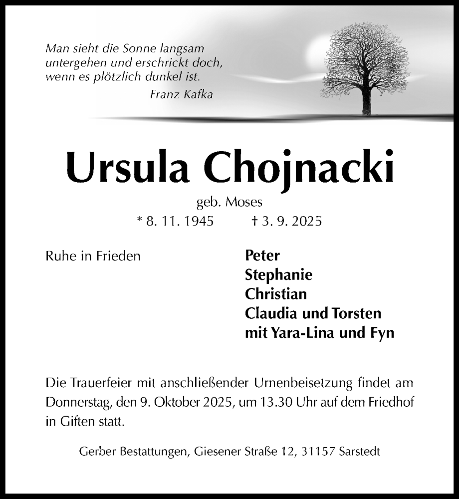  Traueranzeige für Ursula Chojnacki vom 20.09.2025 aus Hildesheimer Allgemeine Zeitung